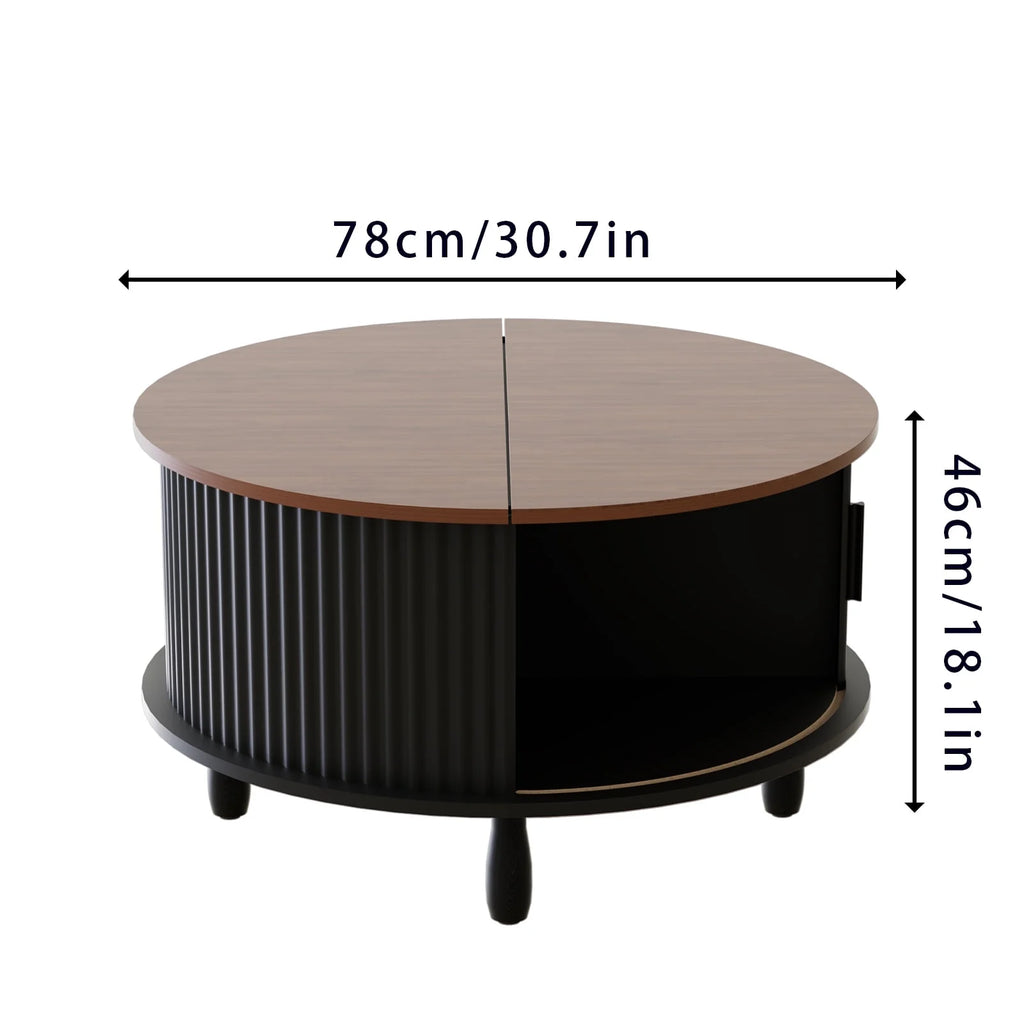 RUMLIVE Round Coffee Table with Storage, 30.7" Modern Coffee Table with 360�� Curved Sliding Door, Fluted Wood Coffee Table with Footpads, Round Center Table for Living Room, Black