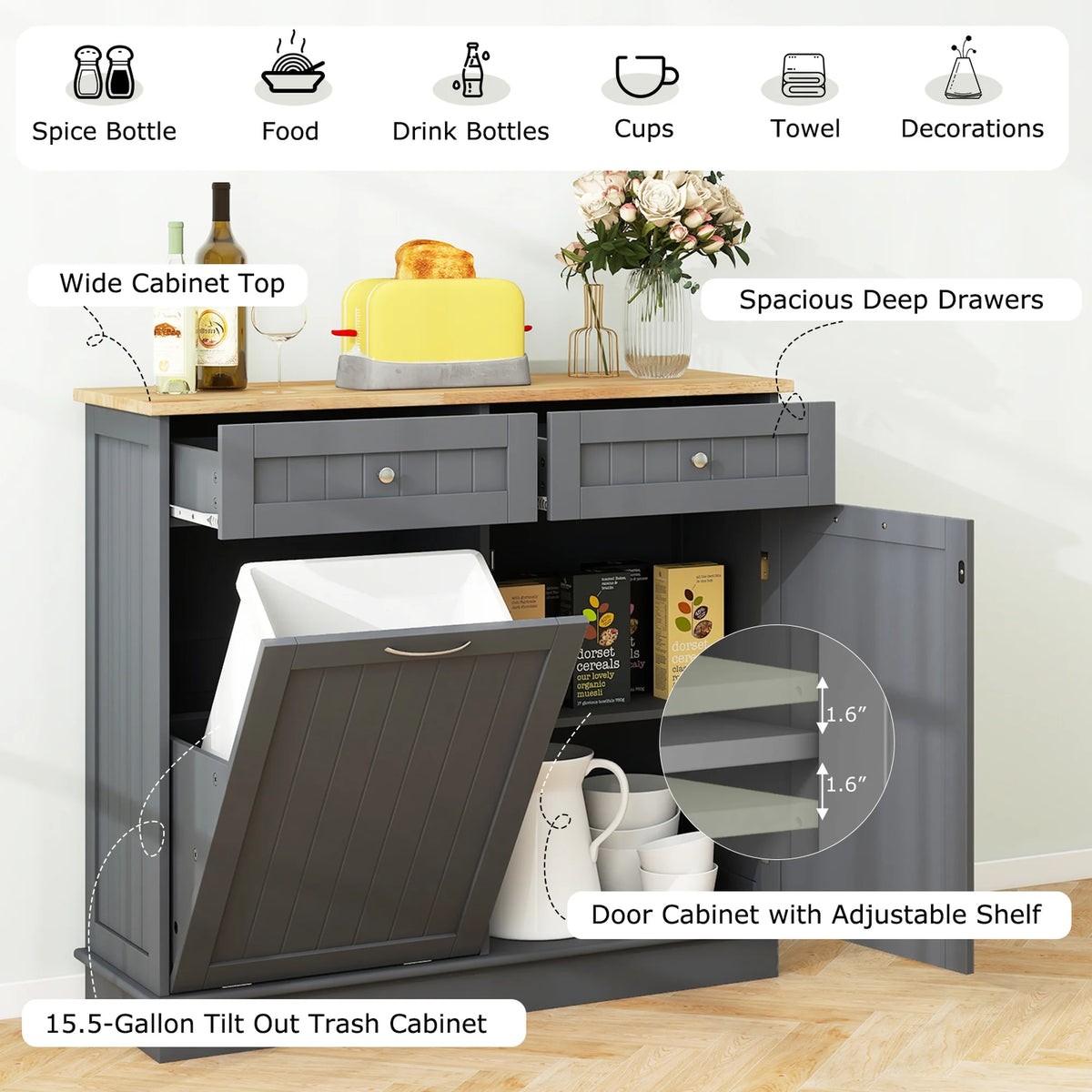 Costway 15.5 Gallon Kitchen Tilt Out Trash Cabinet Rubber Wood Tabletop 2 Drawers Shelf Gray