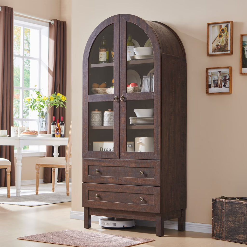 SinCiDo Arched Kitchen Pantry Storage Cabinet, 71-Inch Tall Wood Adjustable Shelves, 2 Doors, 2 Drawers
