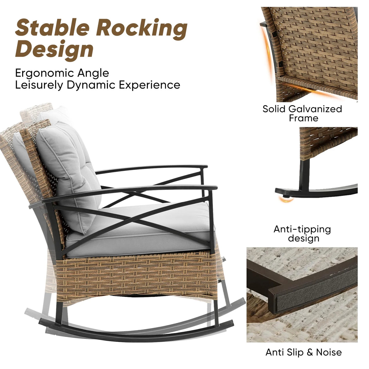 3 Pieces Patio Outdoor Conversation Set, Patio Furniture Bistro Set with 2-Tier Coffee Table, PE Wicker Rocking Chairs with Blue Cushions for for Backyard Porch Poolside