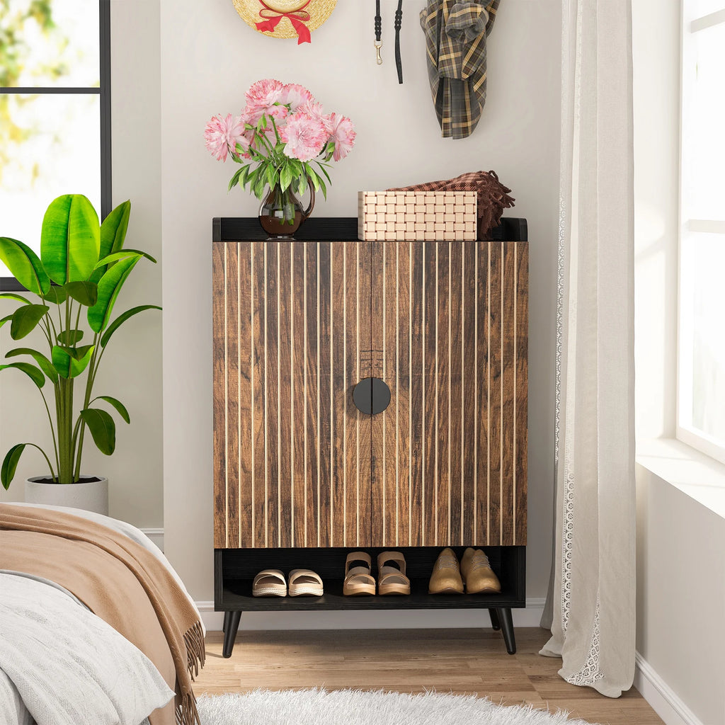 Tribesigns Shoe Cabinet with Doors, 7-Tier Shoe Storage Cabinet with Adjustable Shelves, Wood Grain Shoes Rack Shoe Organizer