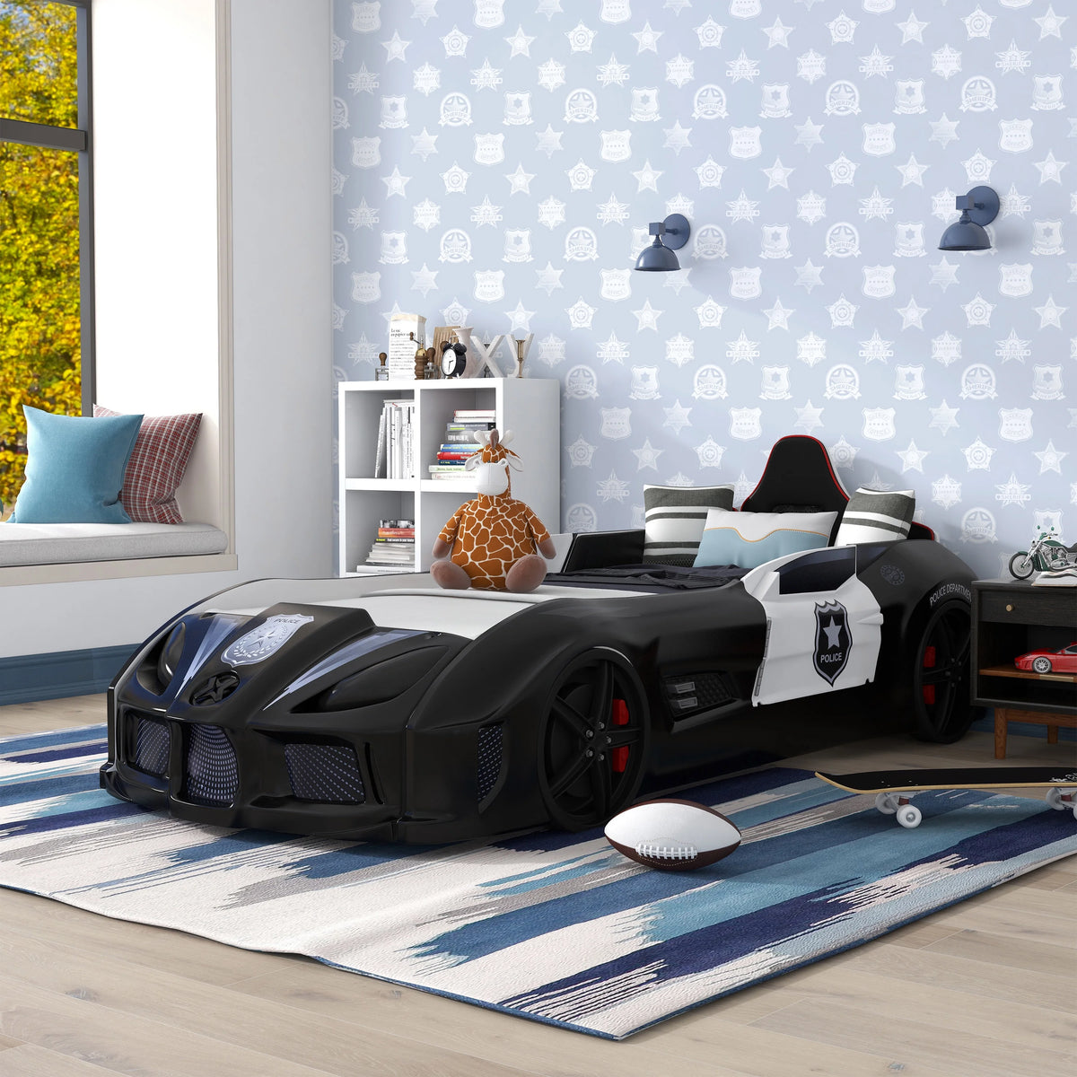 Furniture of America Dash Kids Plastic Twin Race Car Bed with LED and Sound, White