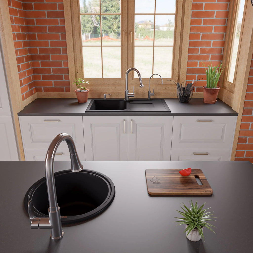 ALFI brand AB1620DI-BLA Black 34" Single Bowl Granite Composite Kitchen Sink with Drainboard