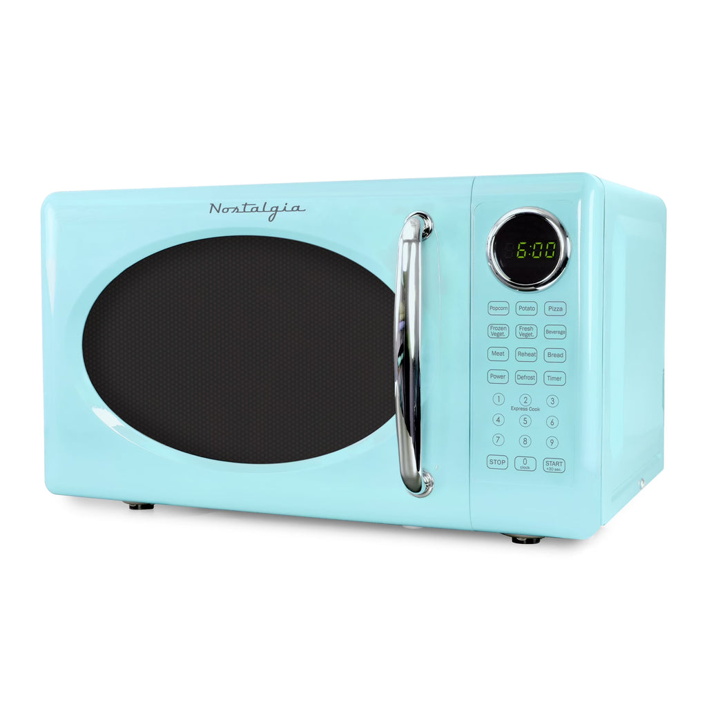 Nostalgia Retro Microwave Oven - 0.7 Cu Ft & 700-Watt Countertop Microwave with Glass Turntable, Child Safety Lock, 8 Auto-Cook Programs & Digital Clock - Aqua