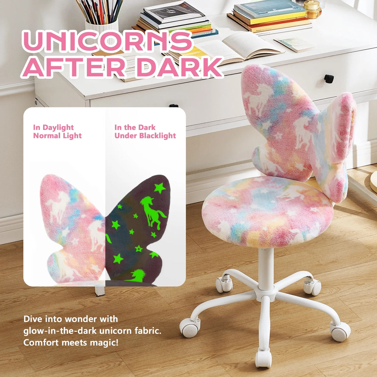 Adorable Butterfly Kids Desk Chair - Comfy Swivel Computer Chair for Girls Room, Fluffy Kids Office Chair for Reading & Vanity,Blue