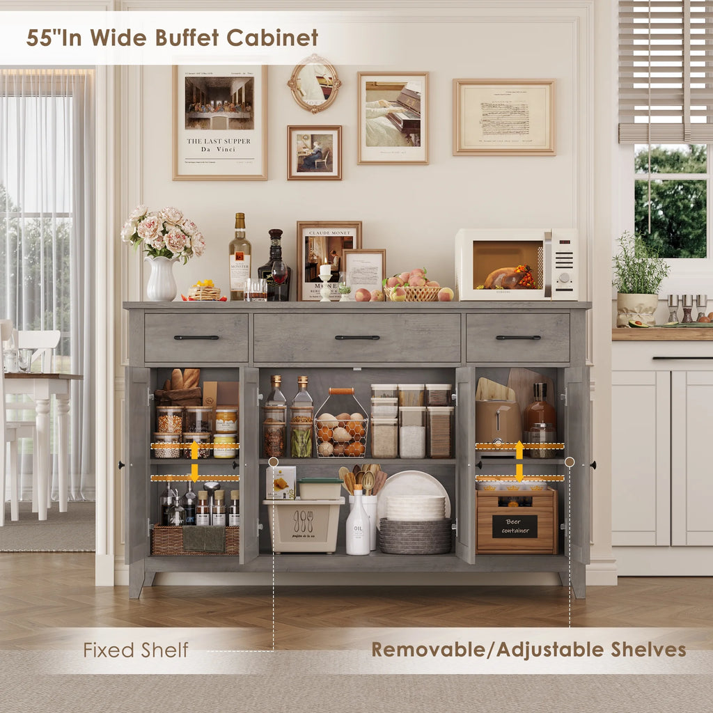 Hiphuta 55"Wide Buffet Cabinet with 2 Adjustable Shelves, Modern Farmhouse Coffee Bar with 3 Drawers and Sturdy Base for Living Room, White