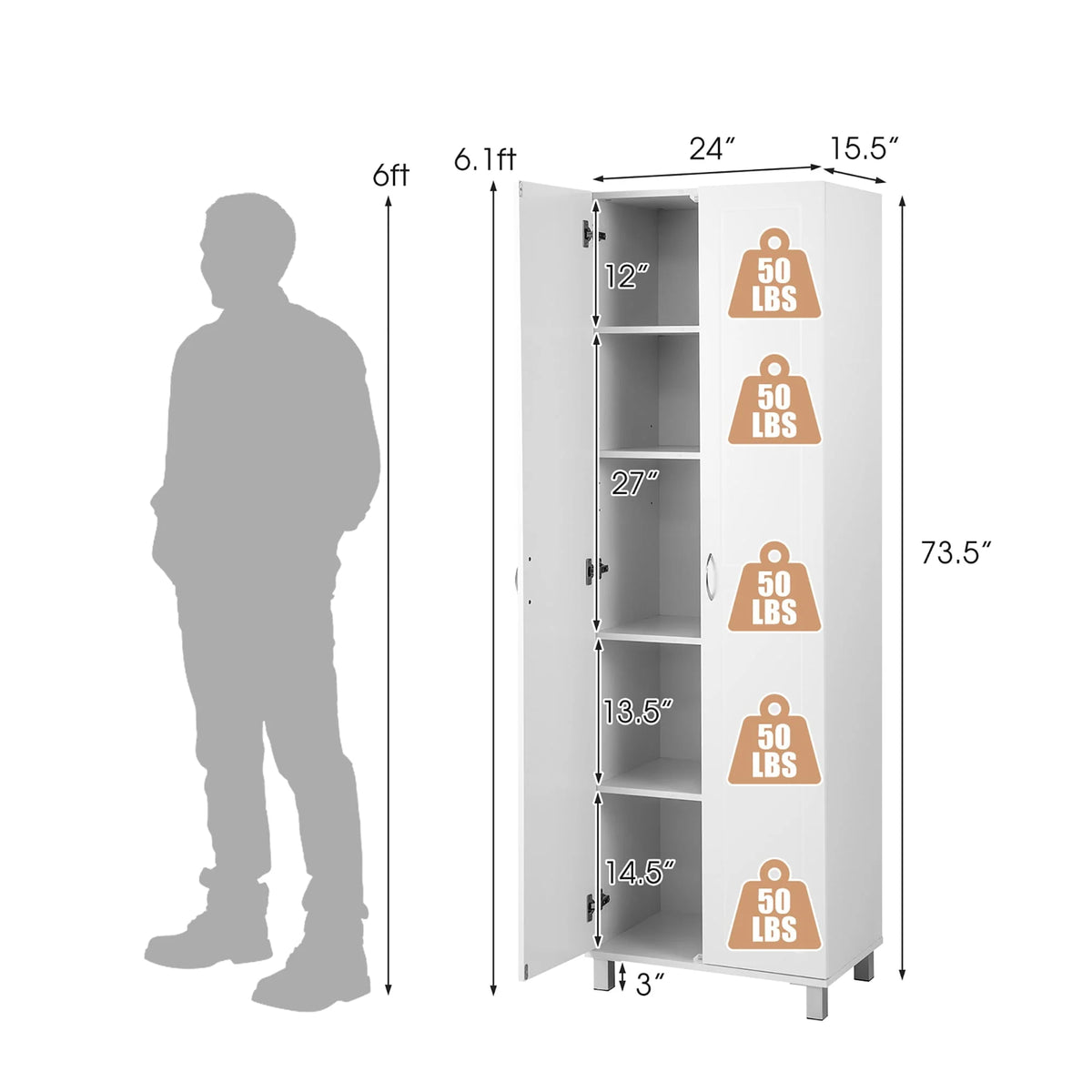 Gymax 2-Door Tall Storage Cabinet Kitchen Pantry Cupboard Organizer Furniture White