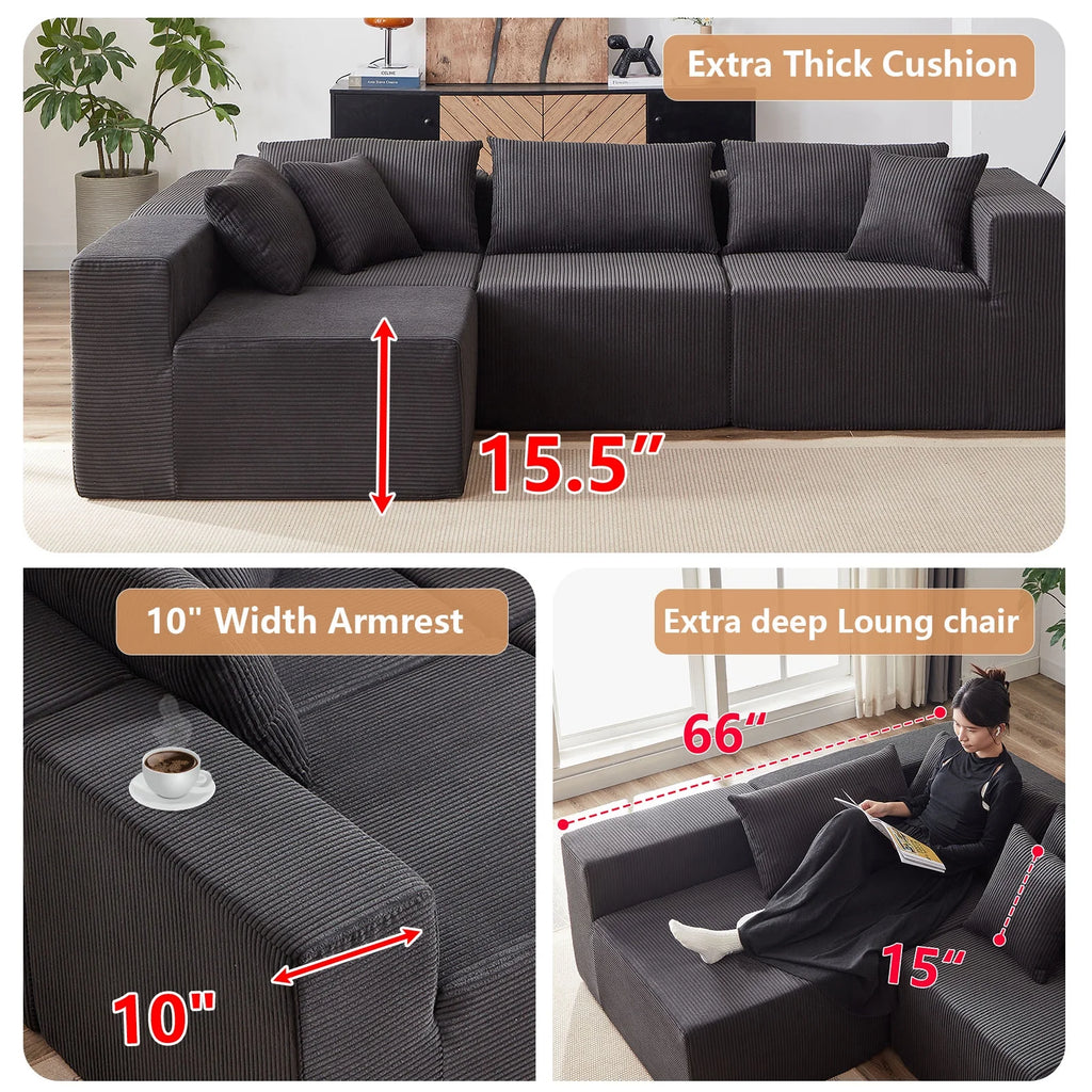 104-Inch Corduroy Modular L Shaped Sectional Sofa,Luxury Floor Couch Set,Upholstered Indoor Furniture,Foam-Filled Compressed Sofa for Living Room,Bedroom,4 PC Free Combination  ?