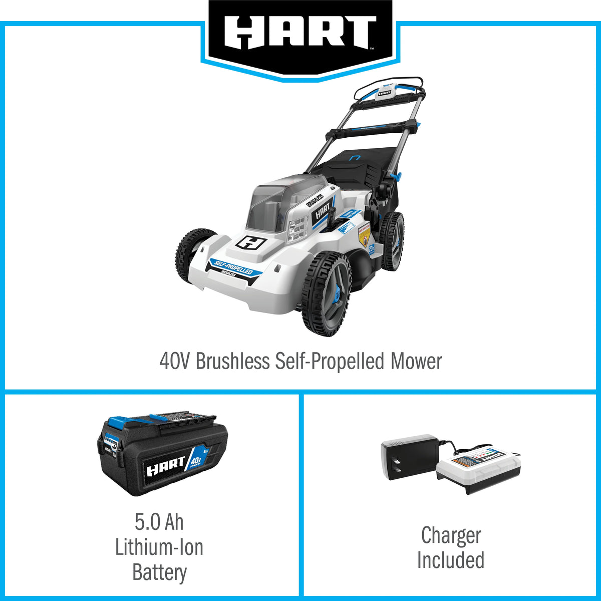 HART 40-Volt Cordless 20-inch Brushless Self Propelled Mower Kit, (1) 6.0 Ah Lithium-Ion Battery