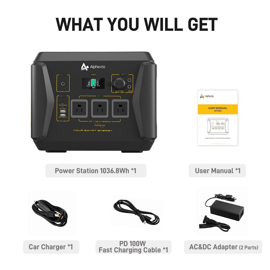 AlphaESS Portable Power Station 1000W, 1036Wh Solar Generator with 1000W AC Outputs (2000W Peak), Backup Power for Outdoor Camping, Home Use, Emergency
