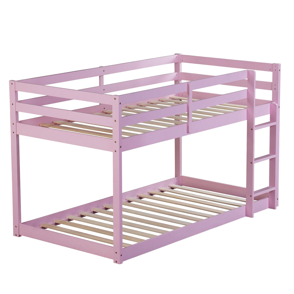 Twin Over Twin Floor Bunk Bed, UHOMEPRO Solid Wood Low Bunk Bed with Safety Rail, Ladder, Heavy Duty Bunk Beds, Space-Saving Bedroom Dorm Furniture, Gray