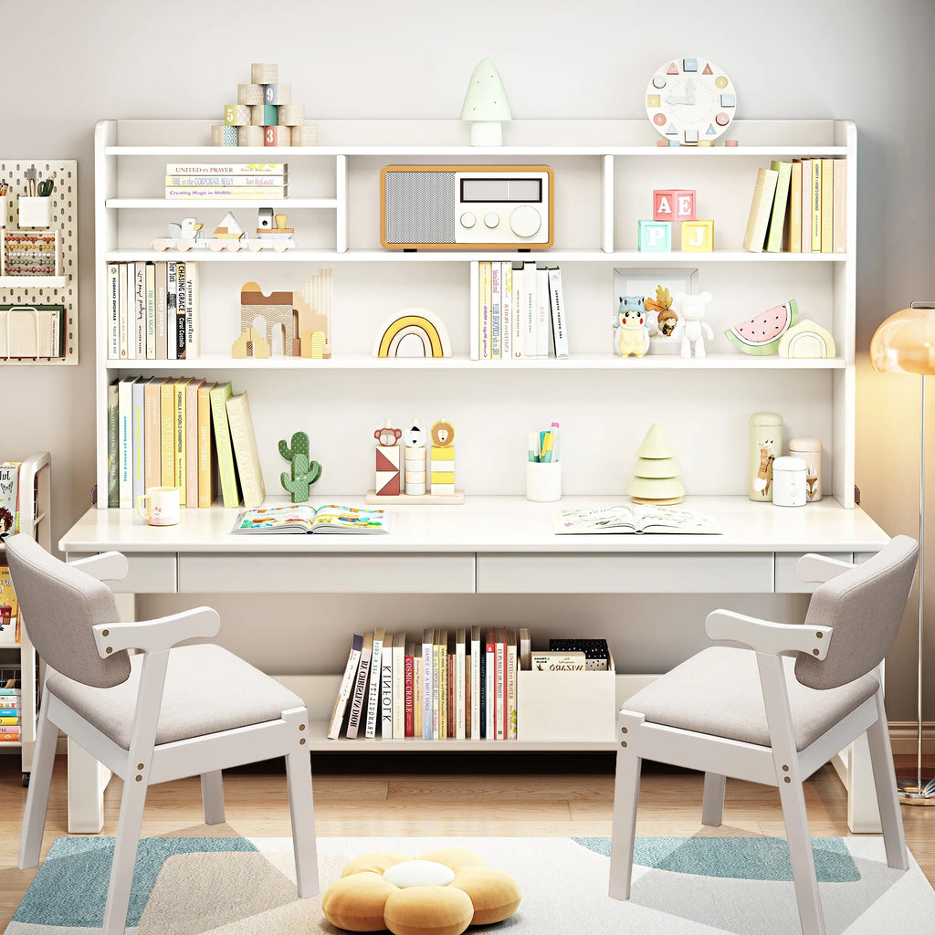 BALANBO Solid Wood Kids Desk and Chair Set with Hutch,Study Computer Desk with Drawers, Extra Large Two Person Study Desk Writing Table, Student White Desk with Bookshelf for Bedroom,Study Room,White