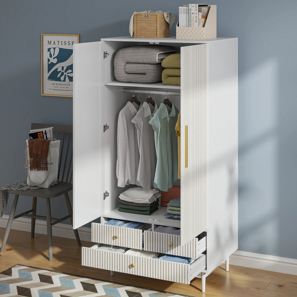 Armoire Wardrobe Closet, Closet Wardrobe Cabinet with Drawers and Hanging Rail for Bedroom, White