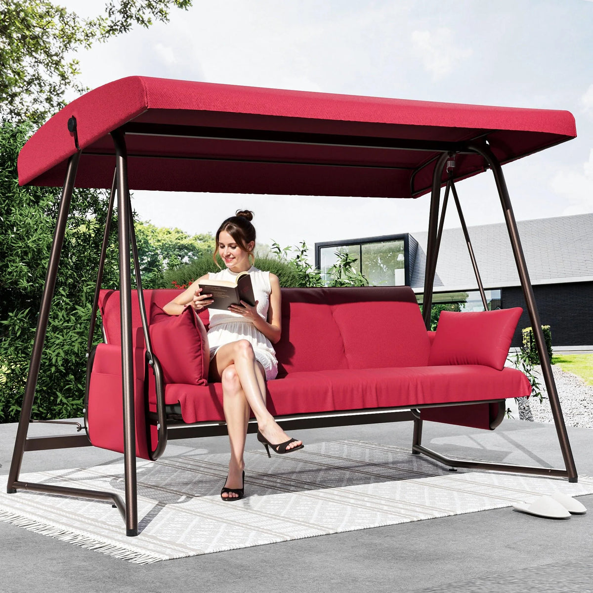 TQKVIPI Oversized 4 Person Outdoor Porch Swing with Adjustable Backrest Canopy,2-in-1 Swing Bed 800 lbs Capacity,Patio Swing with Removable Cushions for Yard Garden Poolside Balcony
