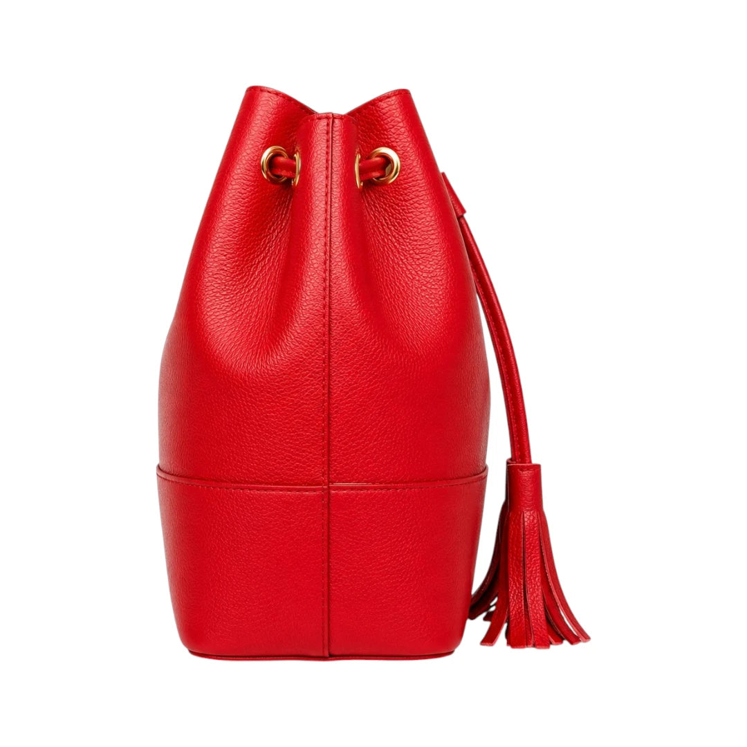 Warey Elegant Red Leather Bucket Bag