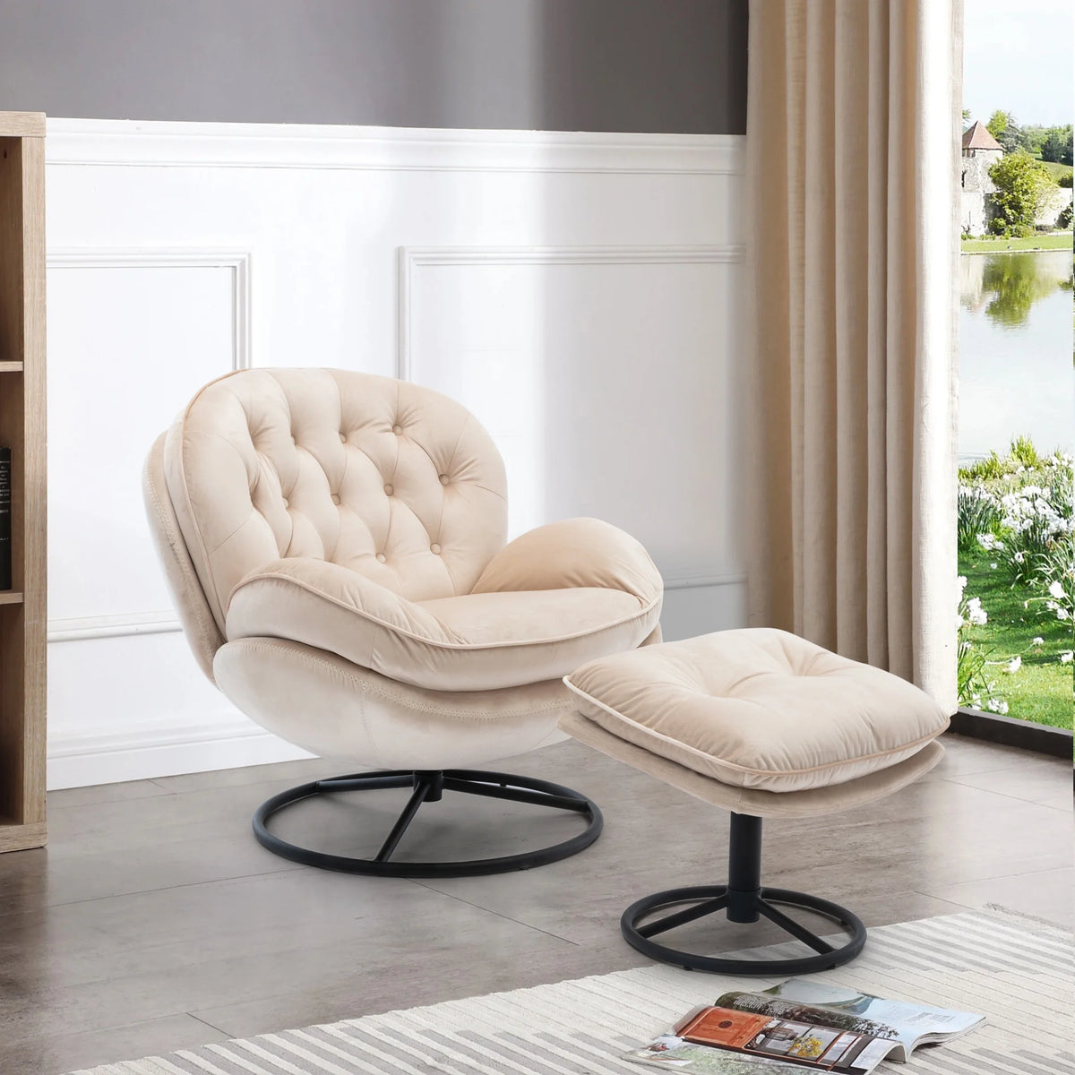 Velvet Swivel Accent Chair with Ottoman, Modern Chaise Lounge Chair with Metal Frame and Footstool, Comfy Armchair Reading Chair for Living Room Bedroom Office,Blue