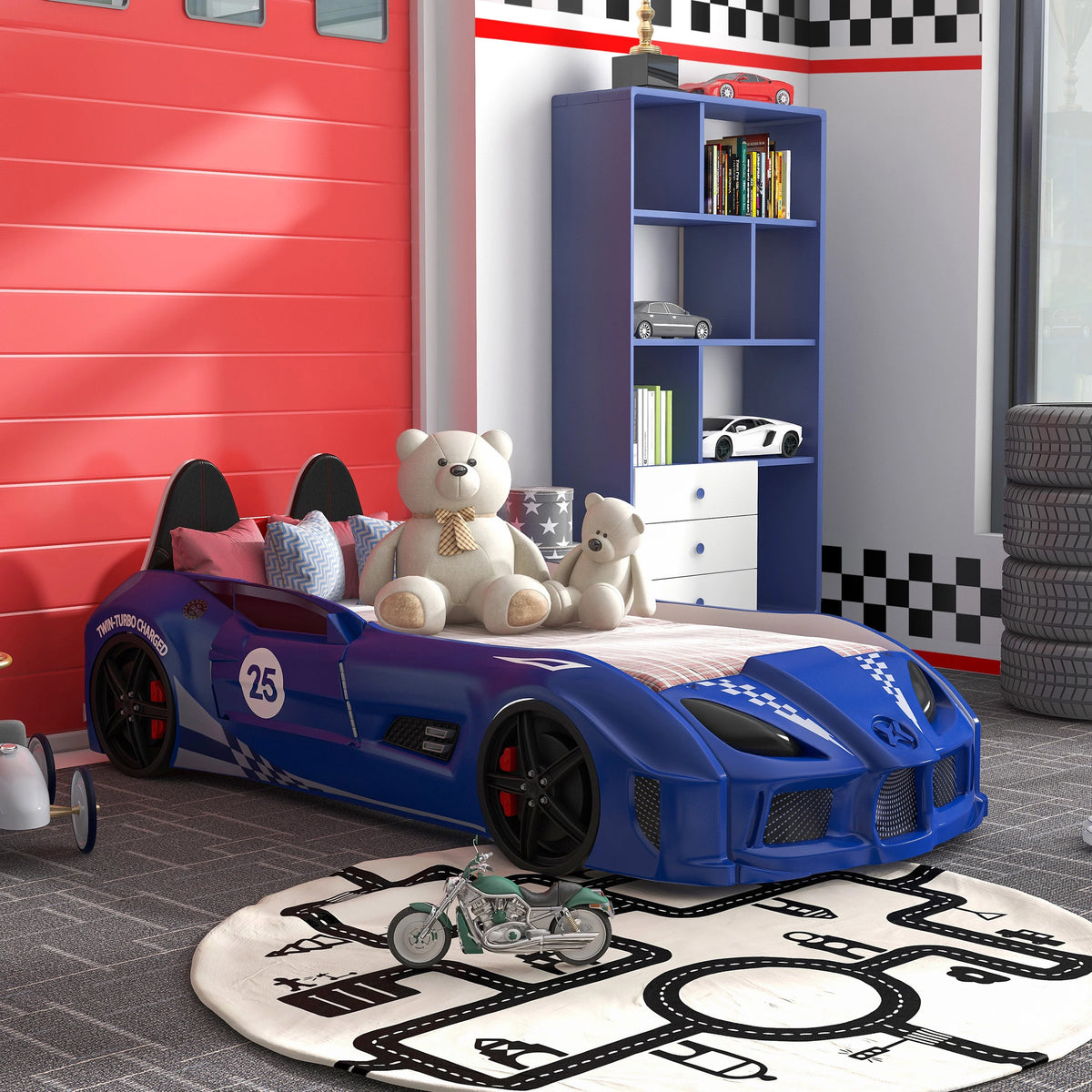 Furniture of America Dash Kids Plastic Twin Race Car Bed with LED and Sound, White