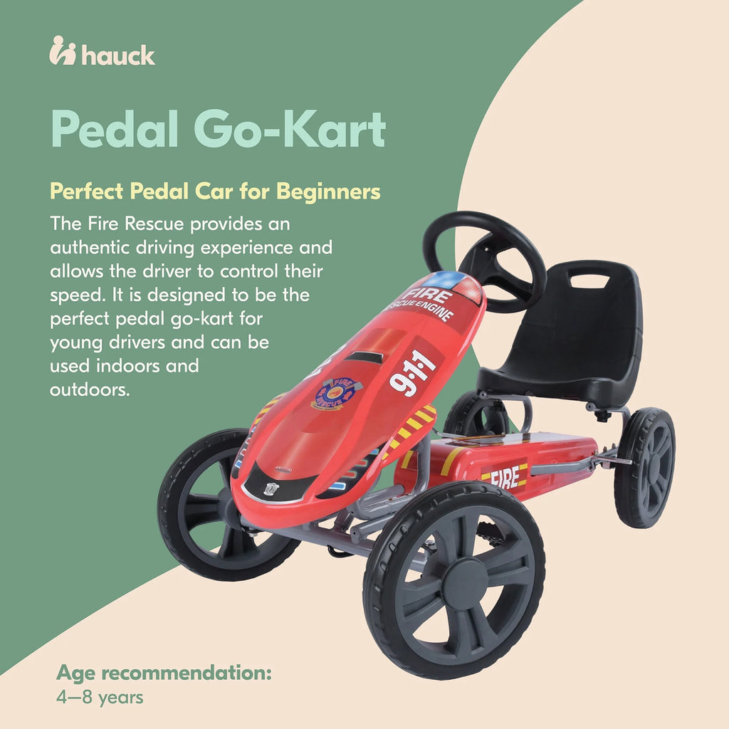 Hauck Speedster Pedal Go Kart w/ Adjustable Bucket Seat for Kids Ages 4 to 8, Fire Rescue