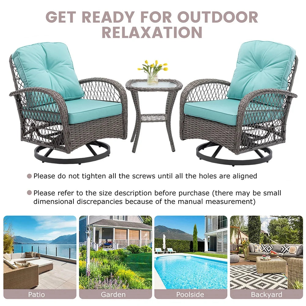 3 Piece Patio Swivel Rocker Chairs Set, 2 360-Degree Swivel Rocking Chairs with 1 Glass Top Table, PE Rattan Outdoor Bistro Set with Cushions for Balcony Deck Poolside Backyard Porch