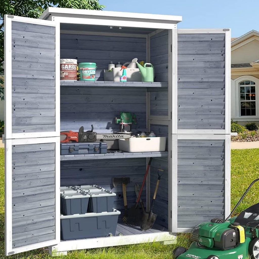 63.2" Outdoor Storage Cabinet, Lofka  Lockable Doors Garden shed with Adjustable Shelves| Asphalt Roof| Ventilate Shutter, Wood Shed with Large Storage Space, Waterproof Roof for Garden, Natural