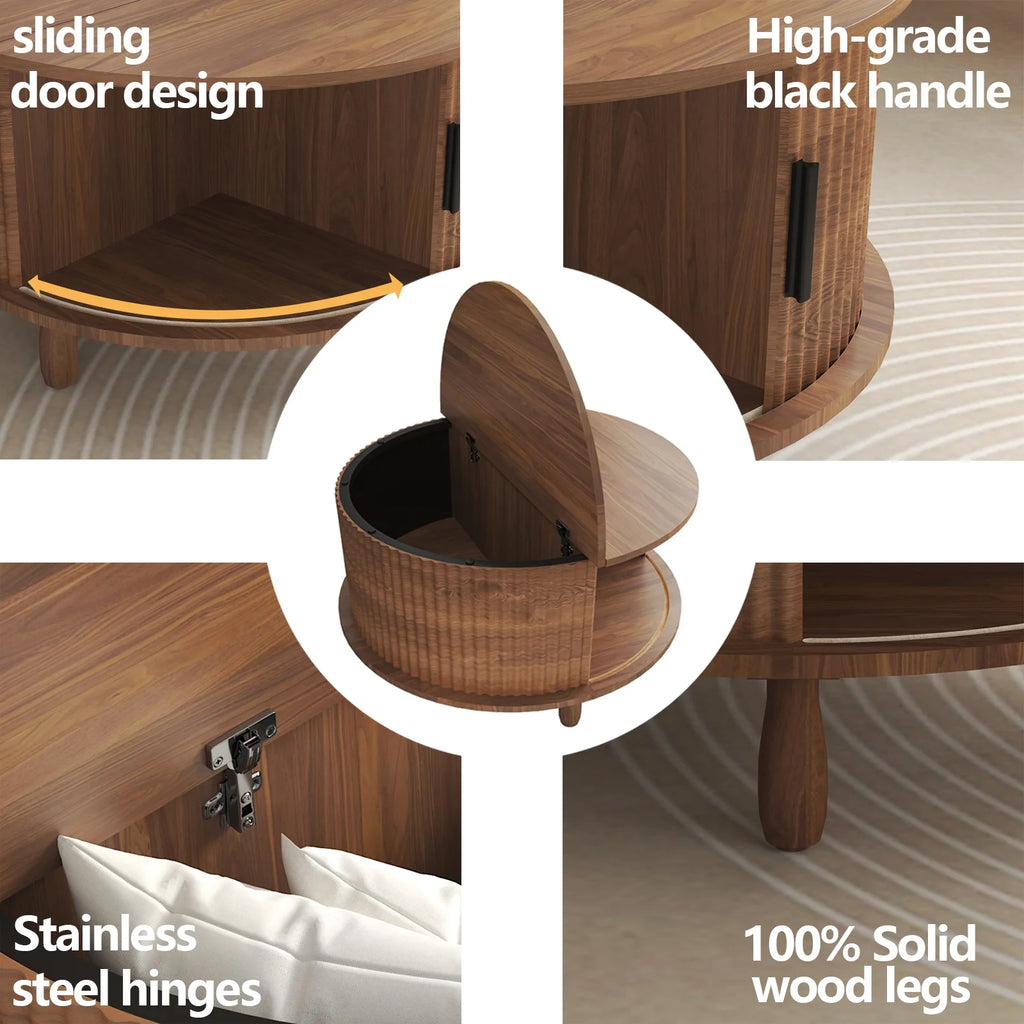 RUMLIVE Round Coffee Table with Storage, 30.7" Modern Coffee Table with 360�� Curved Sliding Door, Fluted Wood Coffee Table with Footpads, Round Center Table for Living Room, Black