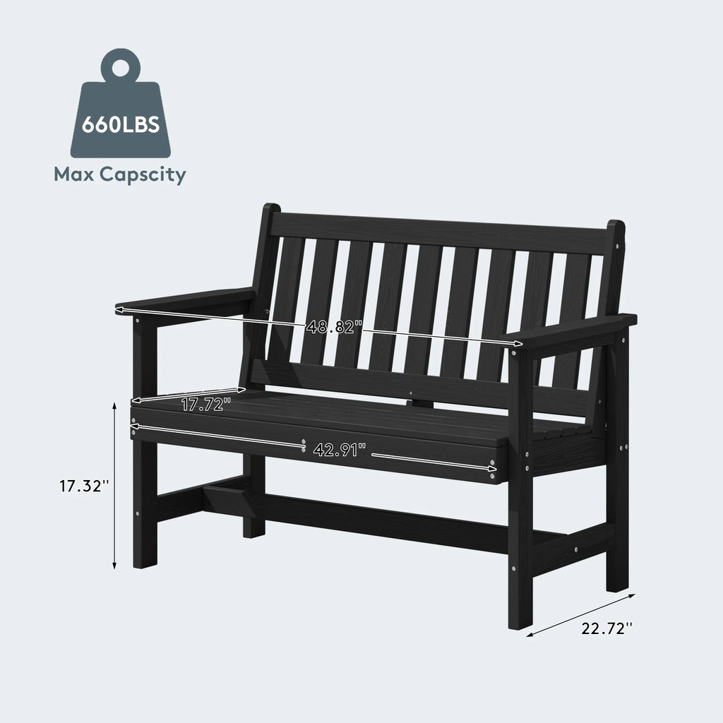 SERWALL Outdoor Bench for 2-Person, Weather-Resistant HDPE with Aluminum Reinforcement, Supports 660 lbs, Comfortable Seating for Patio, Garden, and Porch, Black