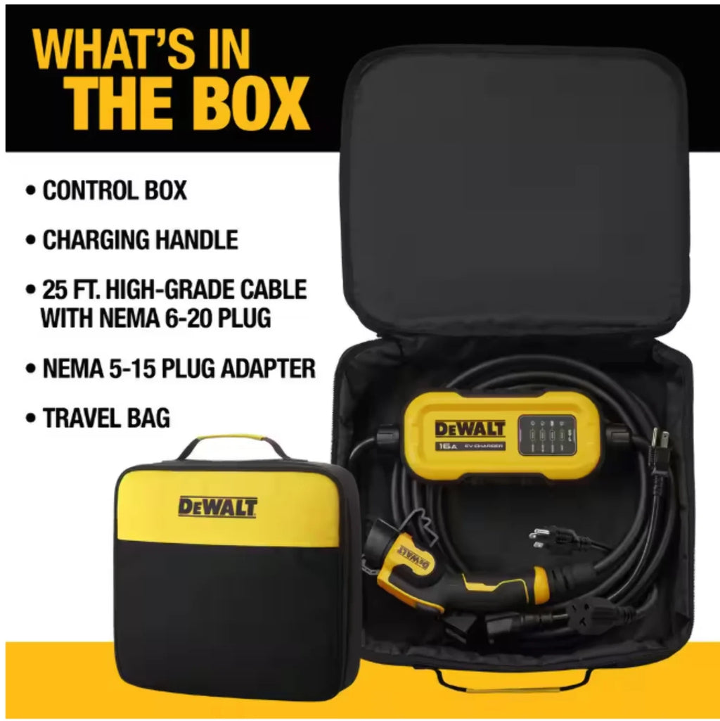 DEWALT Level-2 Portable Electric Vehicle EV Charger up to 16 Amps, 120-240-Volt AC 3.8 KW, 25 Ft. Cable, Weatherproof