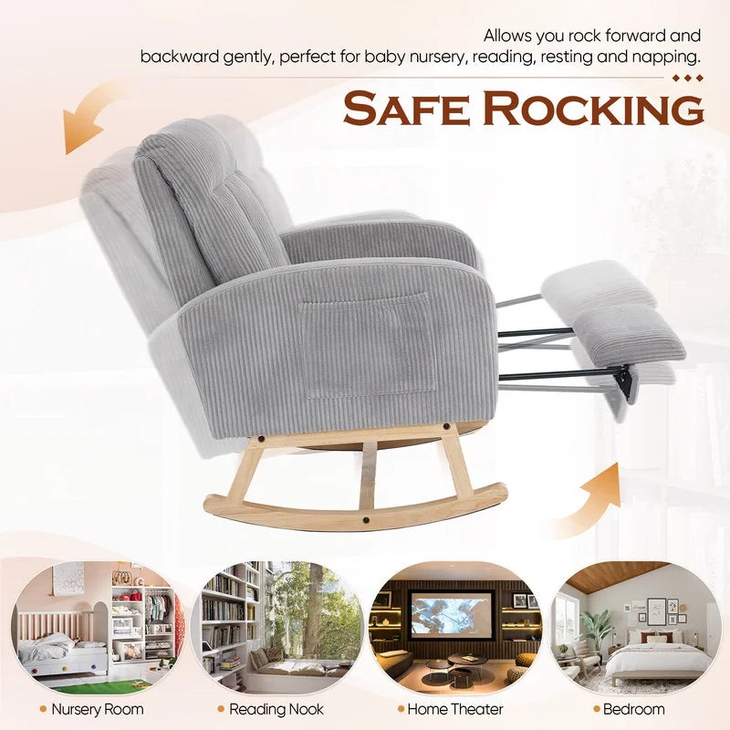 FFH Rocking Chair Nursery, Tufted Accent Rocker Chair, Upholstered Armchair with Adjustable Footrest, Side Pocket, High Backrest, Padded Seat, Polyester Blend (Retro, Dark Gray)