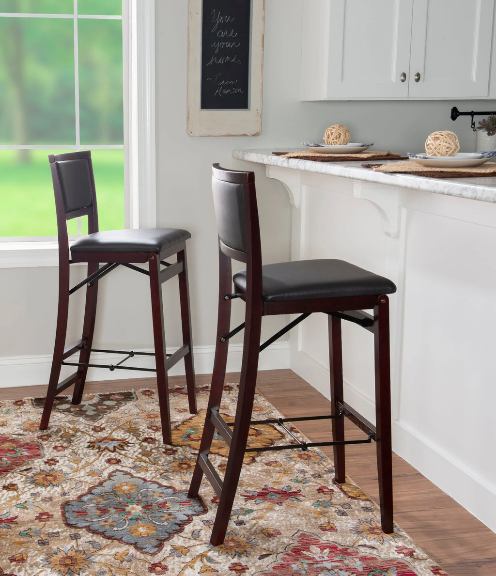 Linon Kristle Folding Padded Bar Stool, 30" Seat Height, Espresso Finish with Dark Brown PVC Fabric
