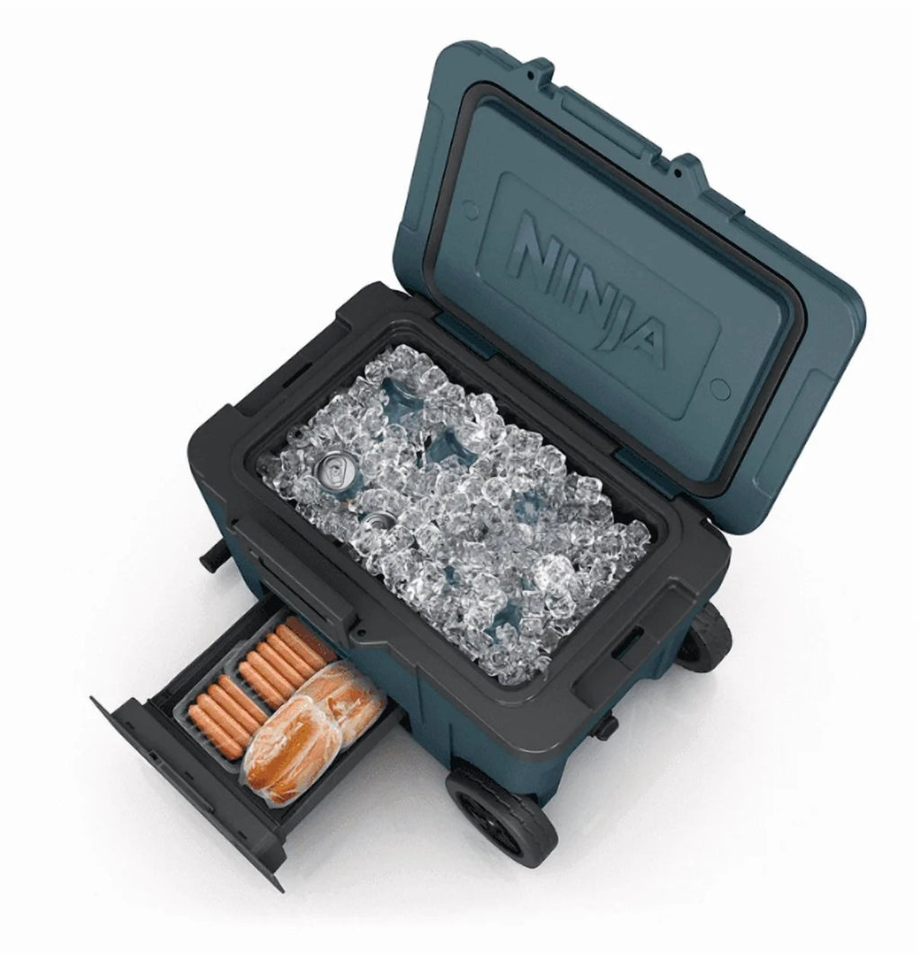Ninja | Cooler | FrostVault 45QT Cooler with Wheels | Insulated with Temp Dry Storage Drawer | Keeps Ice Cold for Days | for The Beach, Camping, Picnics & More | Ocean Blue | FB245AOB
