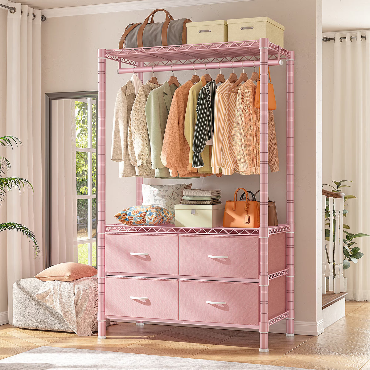 71" H Clothes Rack with Fabric Drawers, Freestanding Garment Rack with Metal Wire Shelf, Pink