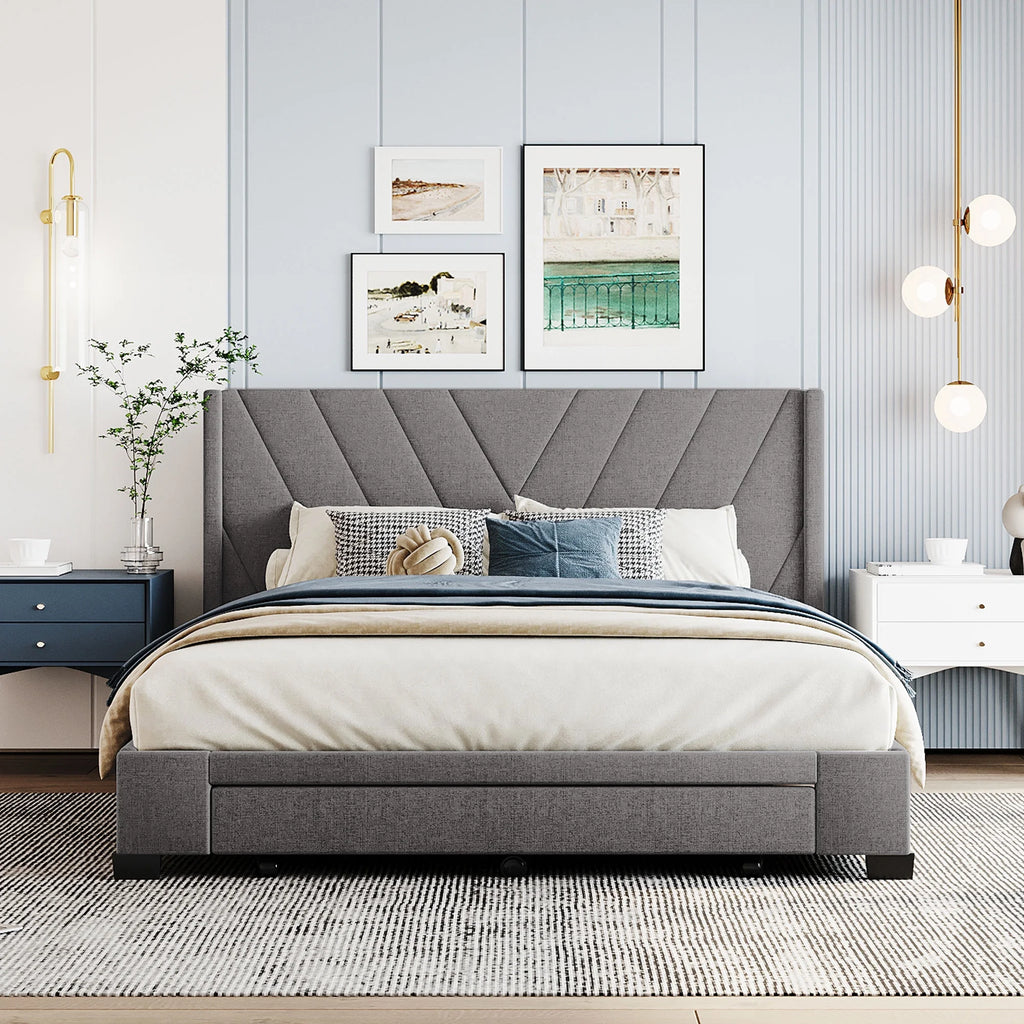 Sesslife Queen Bed Frame with Storage, New Upgraded Linen Upholstered Platform Bed with 3 Drawers, Queen Size Storage Bed with Headboard and Wooden Slats, No Box Spring Needed, Holds 500lbs, Beige