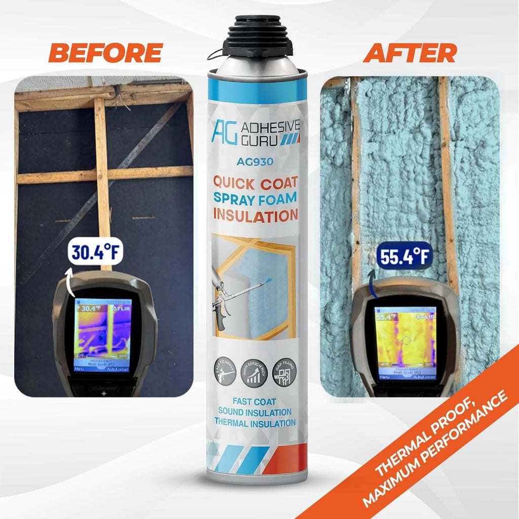Adhesive Guru Spray Foam Insulation Kit (18 x 32.80 oz/930 gr - 360 Board feet), Self-Expanding Adhesive Foam, Closed Cell Heat Insulation & Acustic Spray with Cleaner and Dispensing Gun- 18 Pack