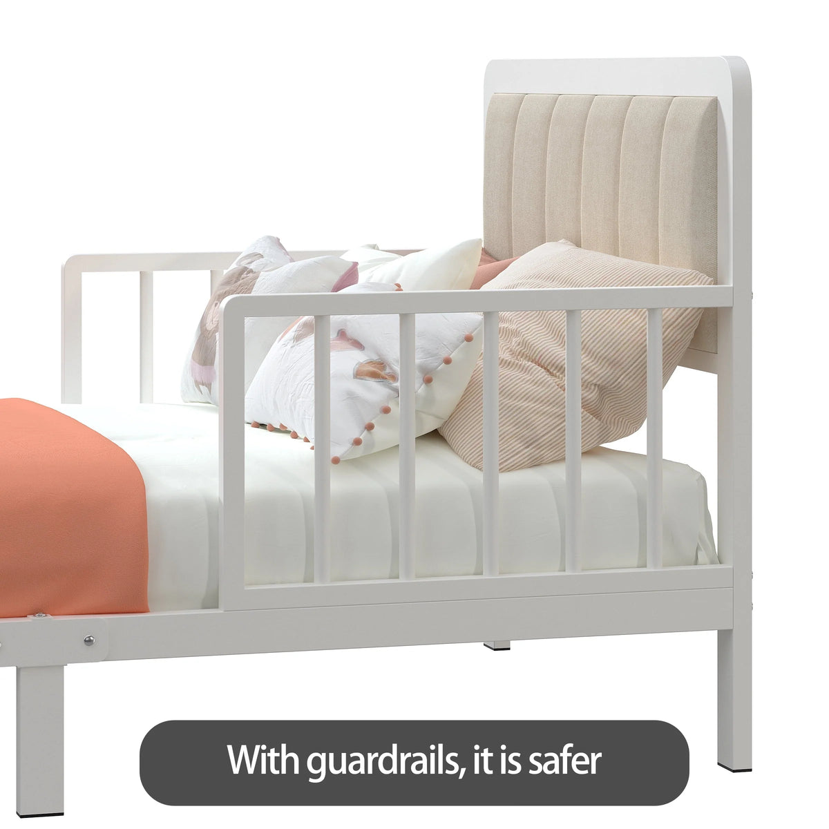 Yoneston Toddler Metal Platform Bed Frame with Guardrails, Children Crib Upholstered Bed Frame for Boys, Girls, Toddler �?White