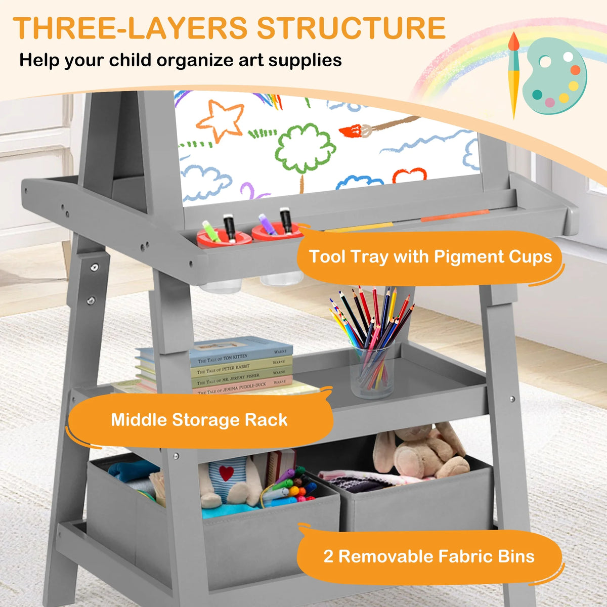 LINLUX 3 in 1 Art Easel for Kid, Whiteboard for Kid with Stand, Magnetic Chalkboard Pizarra, Grey