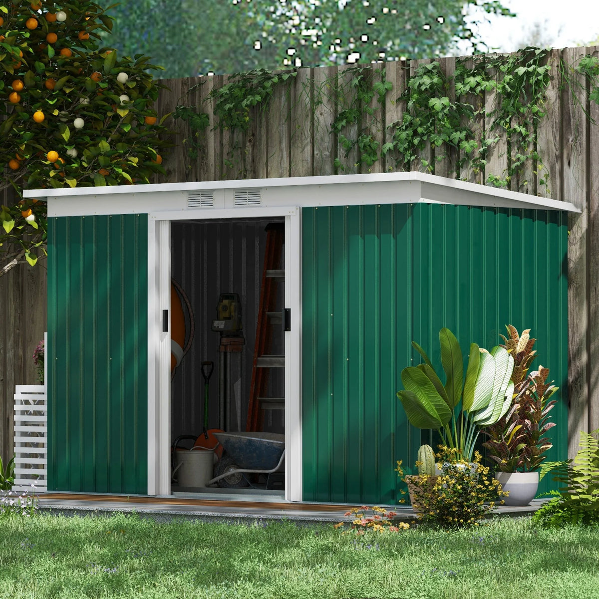 Outsunny 4.6' x 9' Metal Outdoor Storage Shed, Garden Utility Tool House with Double Lockable Doors for Backyard, Patio, Lawn, Garage, White