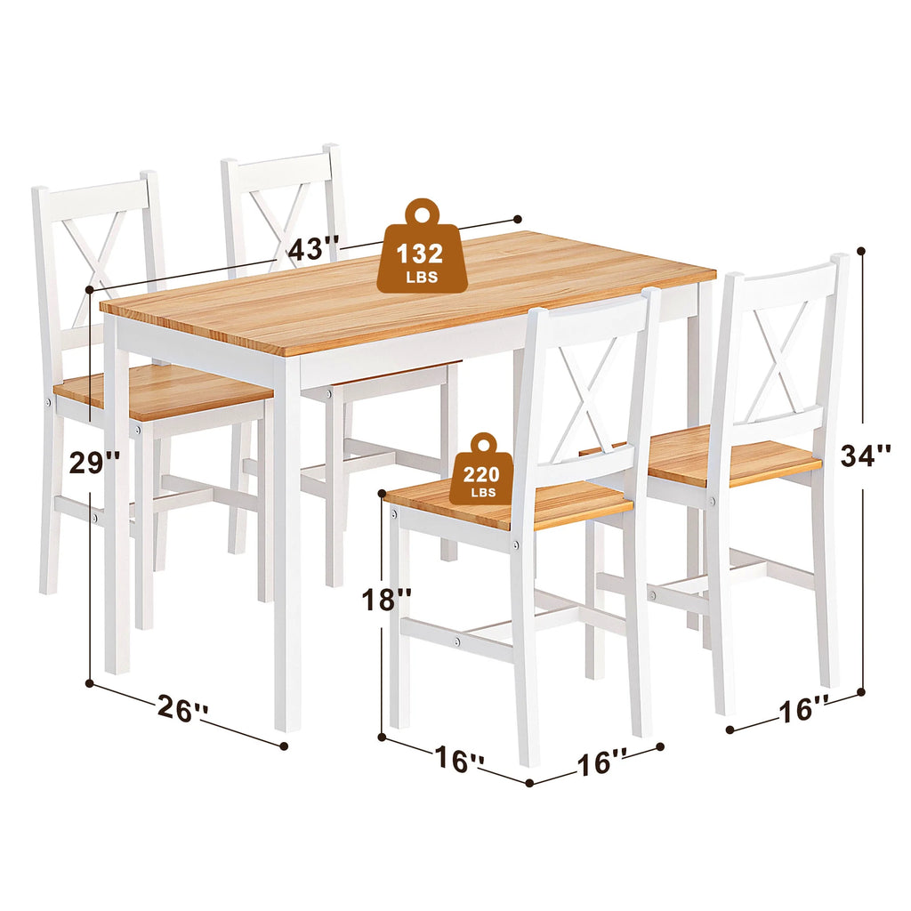Soges 5 Pieces Dining Table Set, Pine Wood Kitchen Dining Table with 4 Chairs, Wood Rectangular kitchen table and chairs for 4, Small Dining Set for Bar Dining Room Breakfast Nook, White and Gray