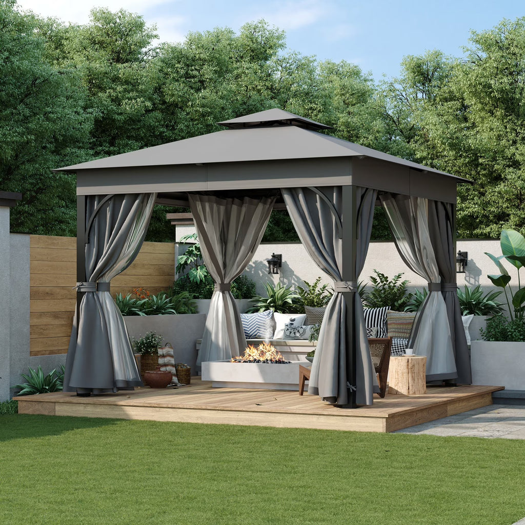 10'x10' Outdoor Gazebo,Patio Gazebo with Mosquito Netting and Privacy Screens for Backyard, Garden, Lawn and Deck,Grey