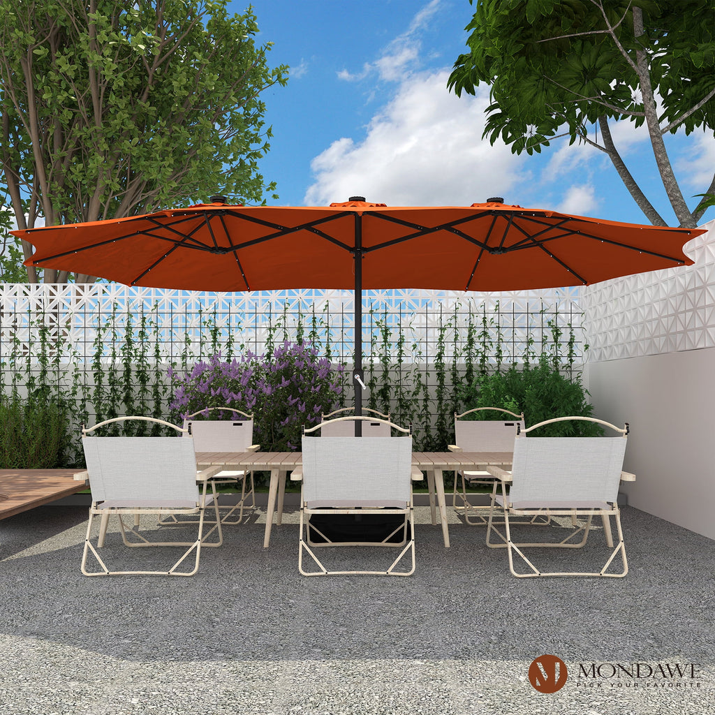 Mondawe 15ft Patio Umbrella Rectangular Outdoor Market Umbrella with Base and LED Lights Beige