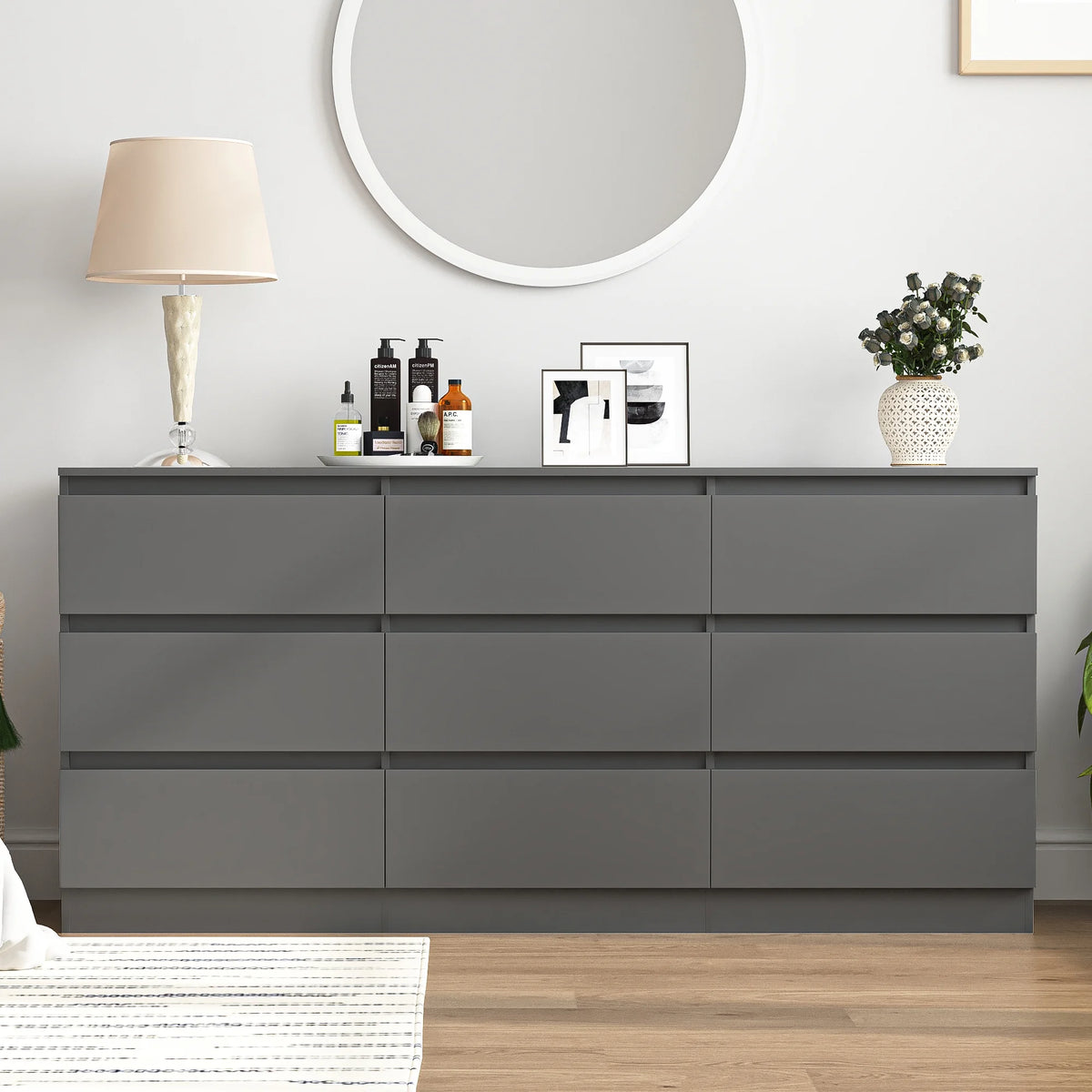 Resenkos Modern Mid Century 6 Drawer Wide Dressers Chests for Bedroom, Chest of Drawer Organizer Grey