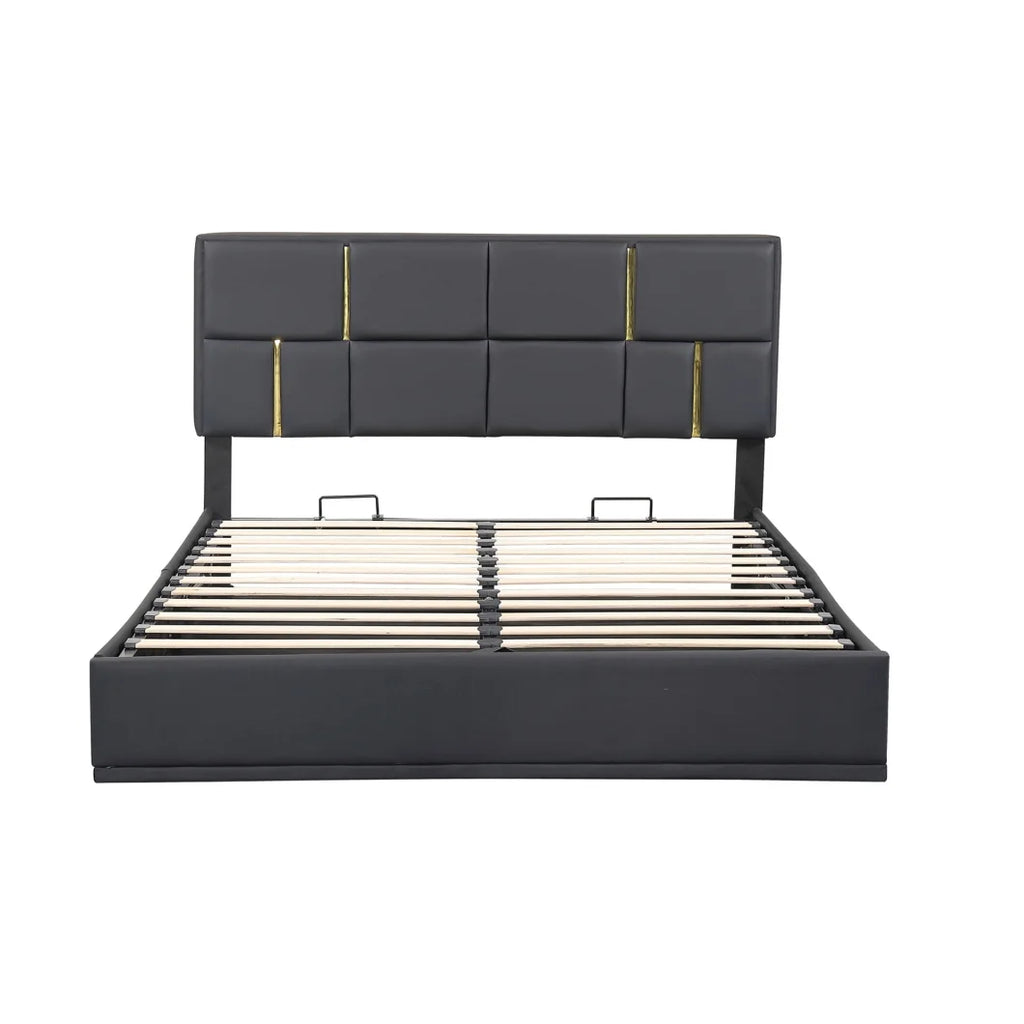 2-Pieces Bedroom Sets, Queen Size Upholstered Platform Bed with Hydraulic Storage System,Storage Ottoman with Metal Legs, 2 Piece Wood Bedroom Furniture Set, Beige