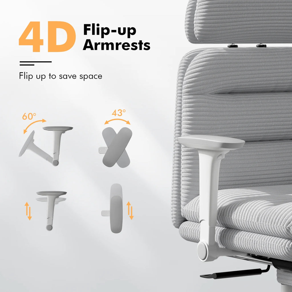 Solfway Criss Cross Chair with Wheels & Flip-up Arms, Executive Office Chair with Foot Rest, Swivel Cross Legged Office Chair, White Corduroy Fabric Comfy Computer Desk Chair, Vanity Chair for Home