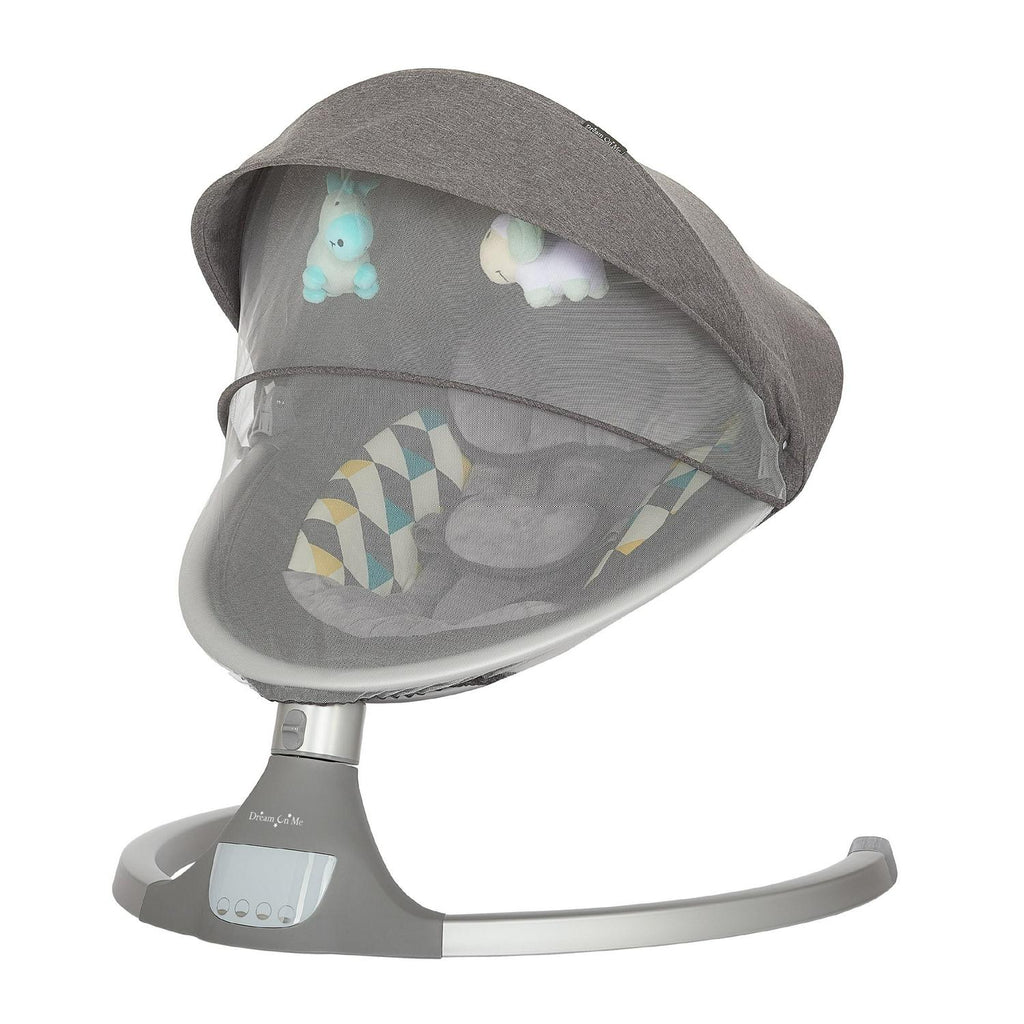 Dream On Me Zazu Baby Swing. Baby Swing for Infant. 5 - Swinging Speed. Two Attached Toys. Bluetooth Enabled and Remote Control. Grey and Blue