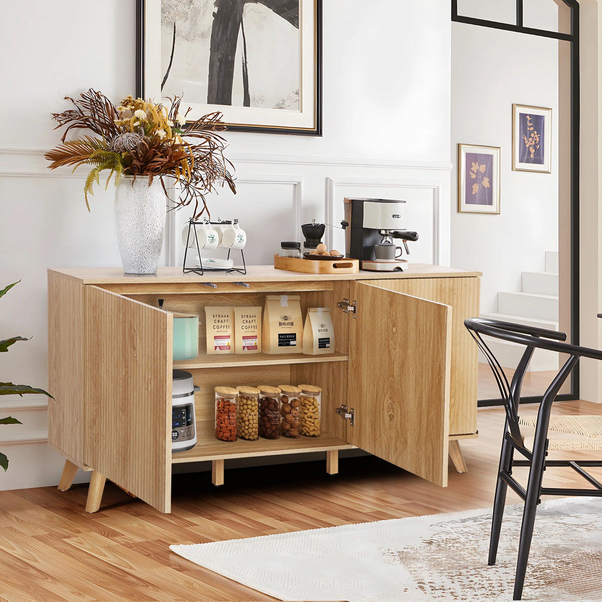Wirrytor Sideboard Storage Cabinet with Doors and Shelves, Buffet Cabinet with Storage, Credenza Storage Cabinet for Kitchen, Wooden Fluted Cabinet, Under TV Cabinet with Storage - Black