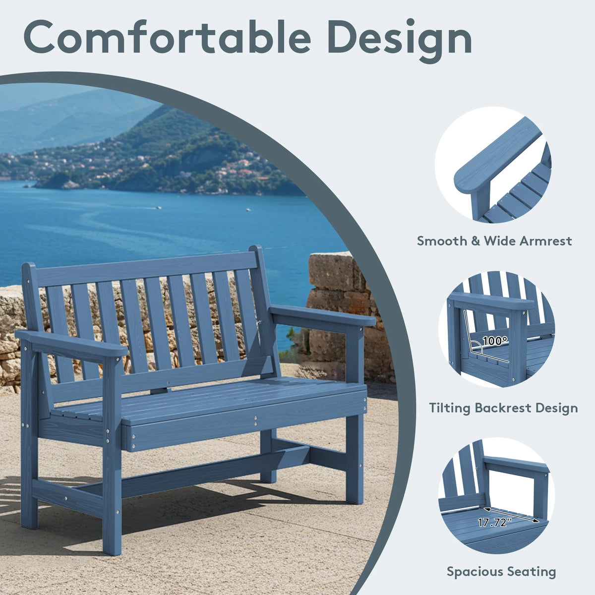 SERWALL Outdoor Bench for 2-Person, Weather-Resistant HDPE with Aluminum Reinforcement, Supports 660 lbs, Comfortable Seating for Patio, Garden, and Porch, Black