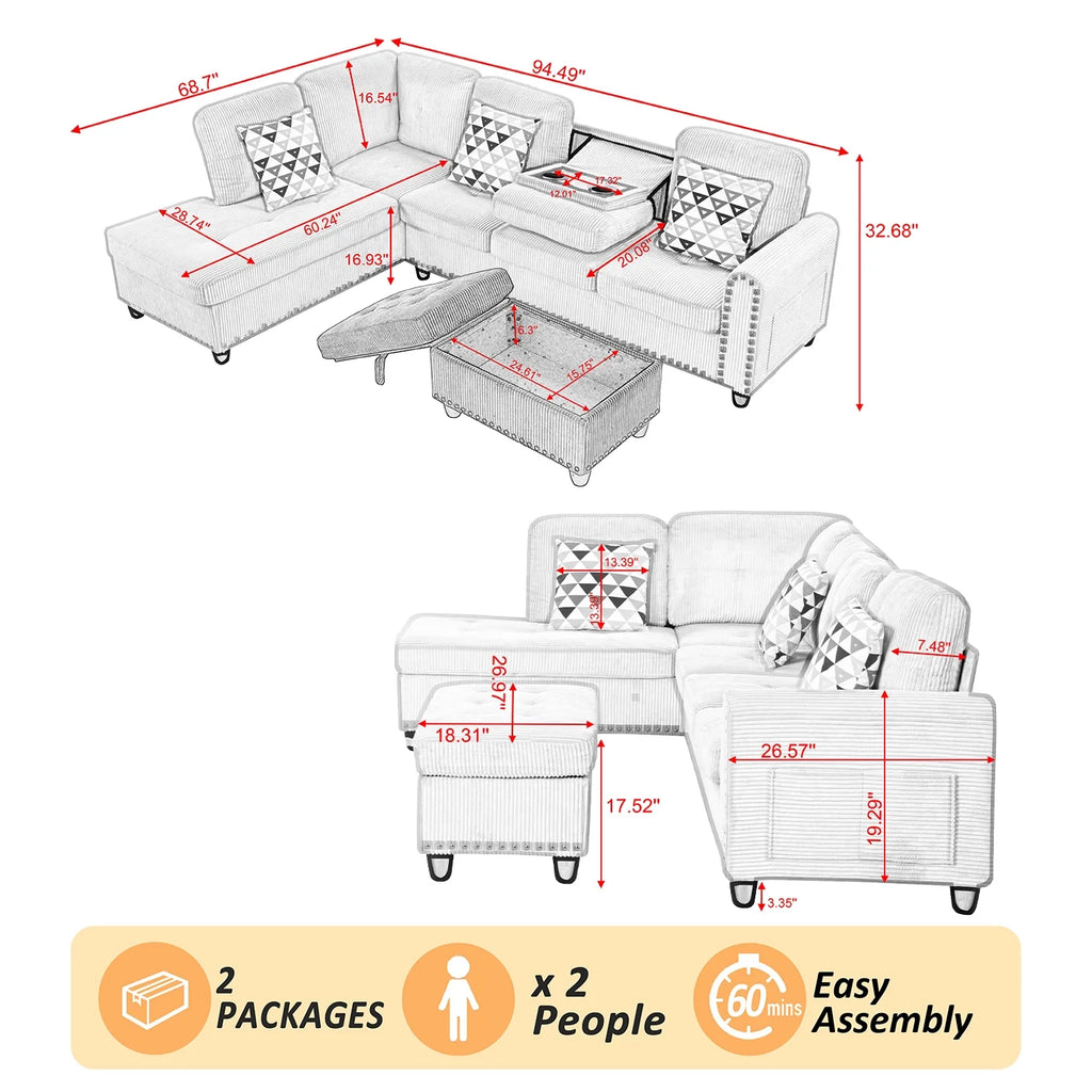 AENKYO 95�� L-Shaped Corduroy Modular Sectional Sofa with Ottoman & Cup Holders �C Living Room Couch for Apartments��Light Gray