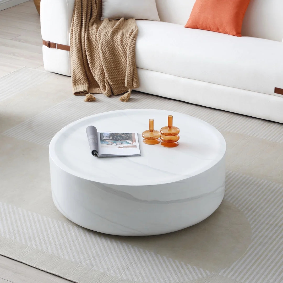 31.49'' Round Coffee Table with Marble Texture, Modern Low Drum Circle Fiberglass Coffee Table, Side Table Accent Table for Living Room, Outdoor, No Need Assembly, Marble