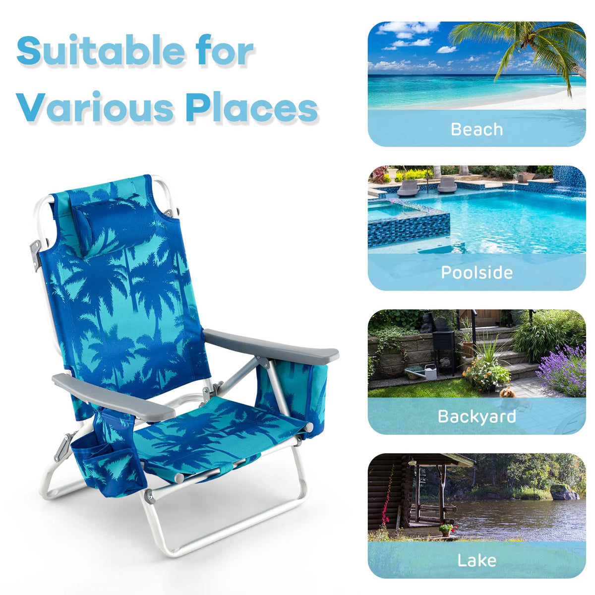 Costway 2-Pack Folding Backpack Beach Chair Table Set 5-Position Outdoor Reclining Chair Pink
