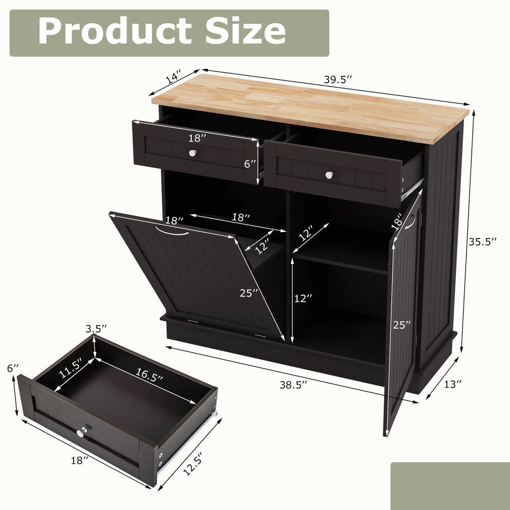 Costway 15.5 Gallon Kitchen Tilt Out Trash Cabinet Rubber Wood Tabletop 2 Drawers Shelf Gray
