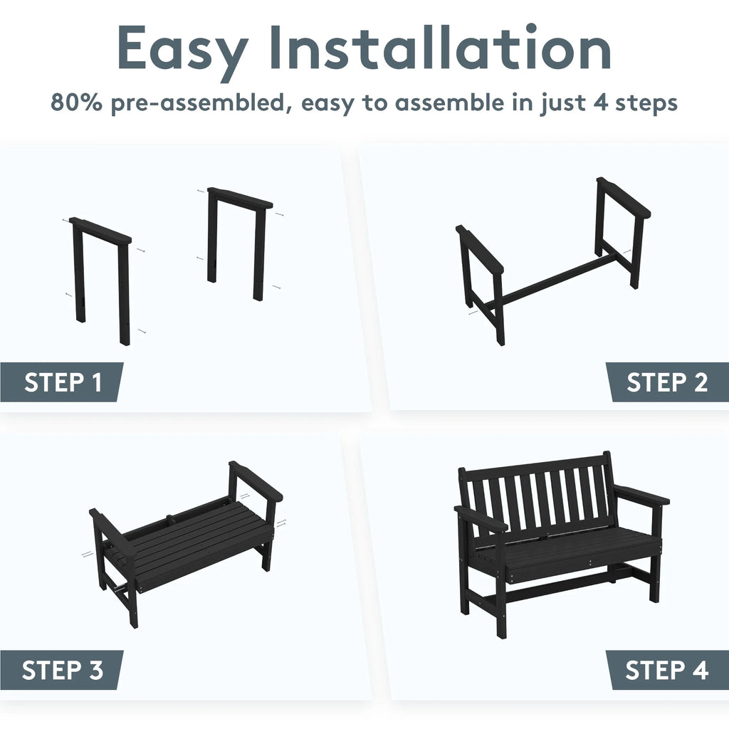 SERWALL Outdoor Bench for 2-Person, Weather-Resistant HDPE with Aluminum Reinforcement, Supports 660 lbs, Comfortable Seating for Patio, Garden, and Porch, Black
